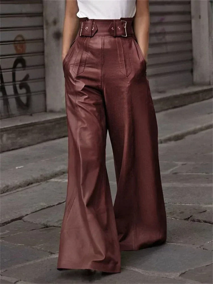 Elegant high-waisted wide-leg faux leather pants - Eleanor