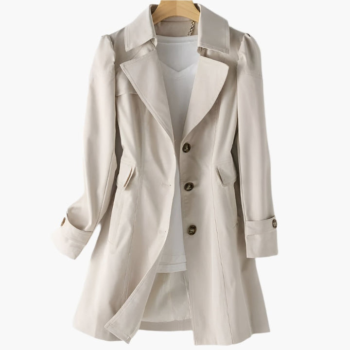 Long cotton trench coat for women with lapels, ideal for the transitional season and autumn