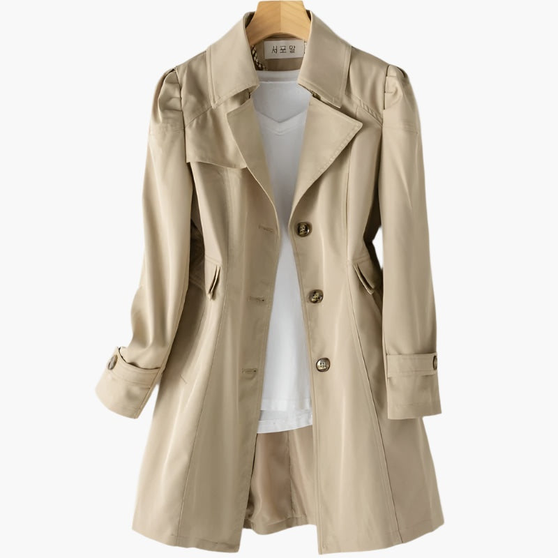 Long cotton trench coat for women with lapels, ideal for the transitional season and autumn