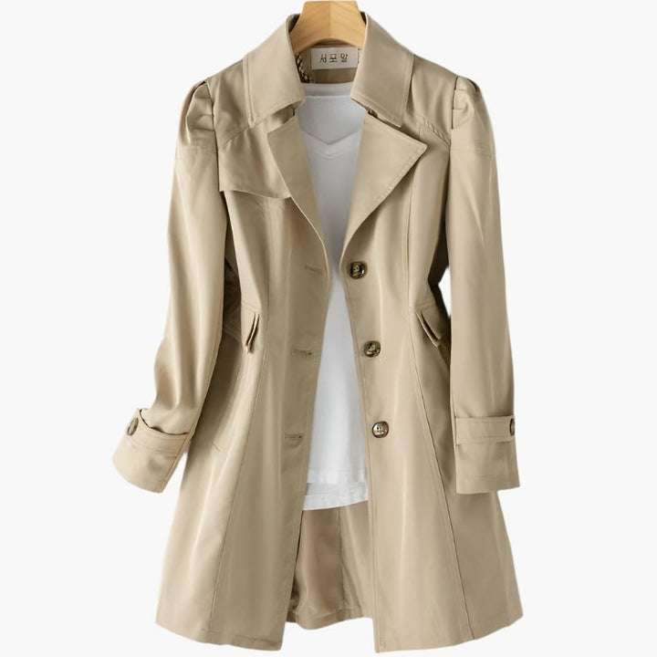 Long cotton trench coat for women with lapels, ideal for the transitional season and autumn