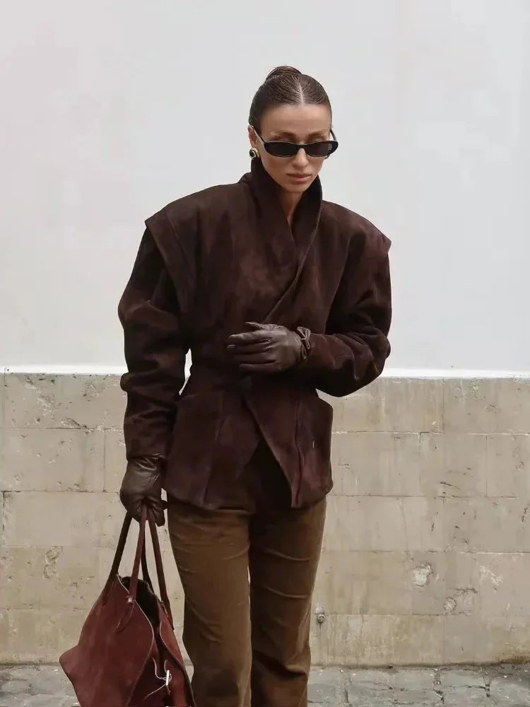 Women's faux suede jacket for autumn, elegant oversized fit