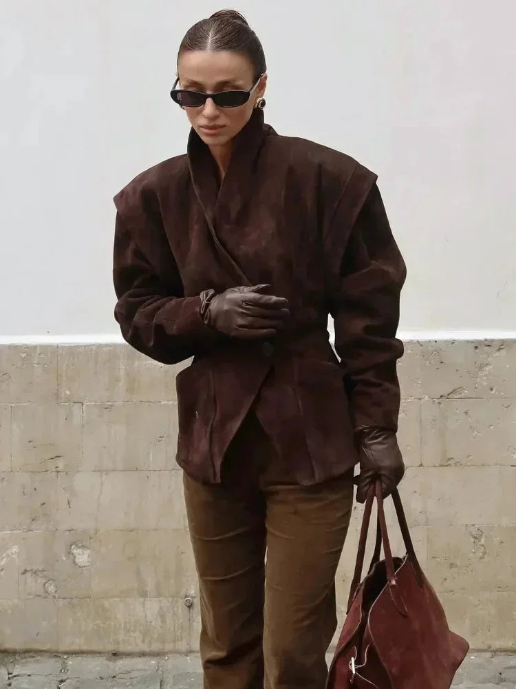 Women's faux suede jacket for autumn, elegant oversized fit