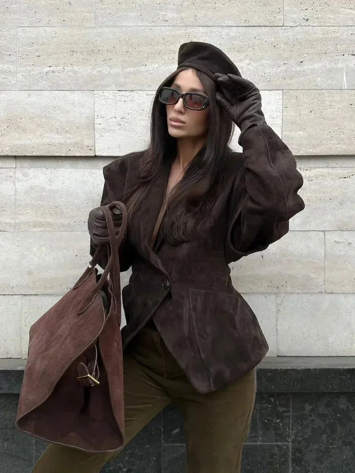 Women's faux suede jacket for autumn, elegant oversized fit