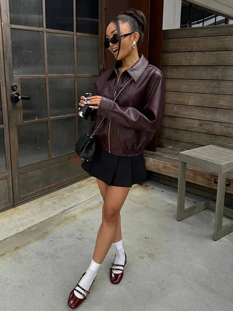 Veste bomber pour femme en simili cuir élégante pour l’automne et la mi-saison