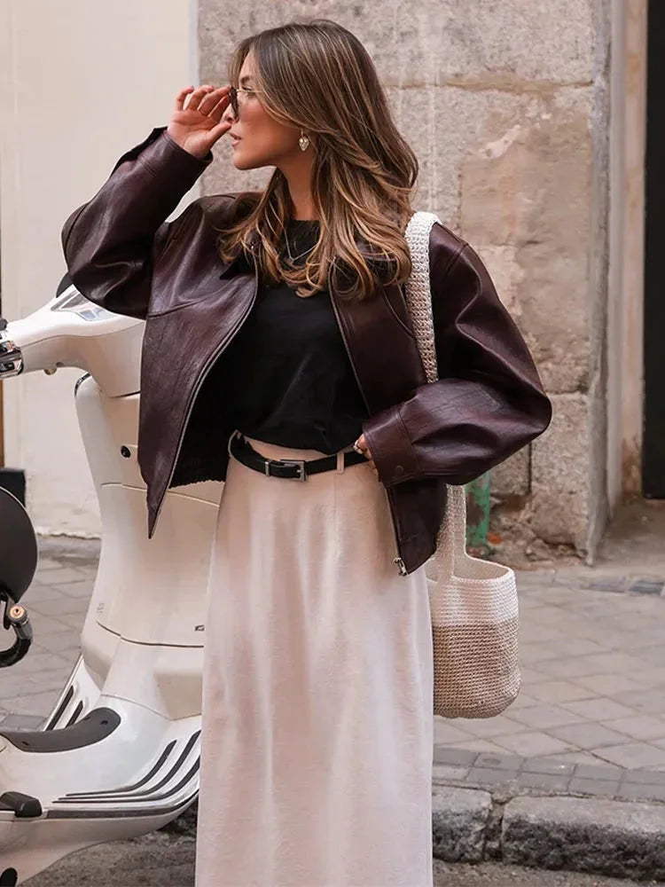 Veste bomber pour femme en simili cuir élégante pour l’automne et la mi-saison