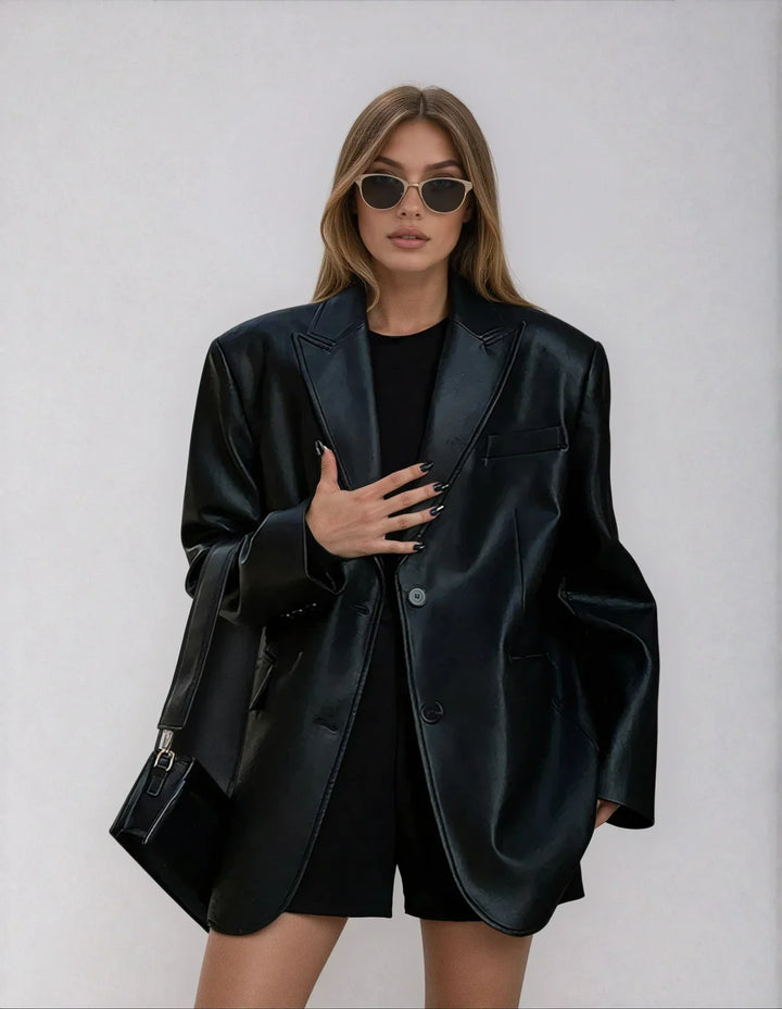 Blazer oversize pour femme en cuir synthétique avec col