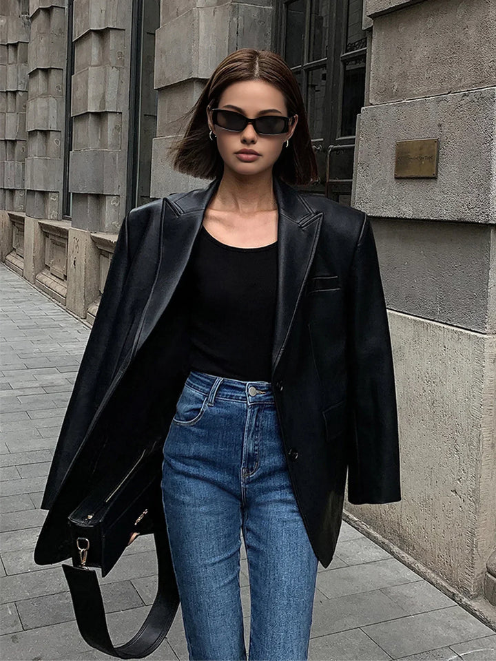 Blazer oversize pour femme en cuir synthétique avec col
