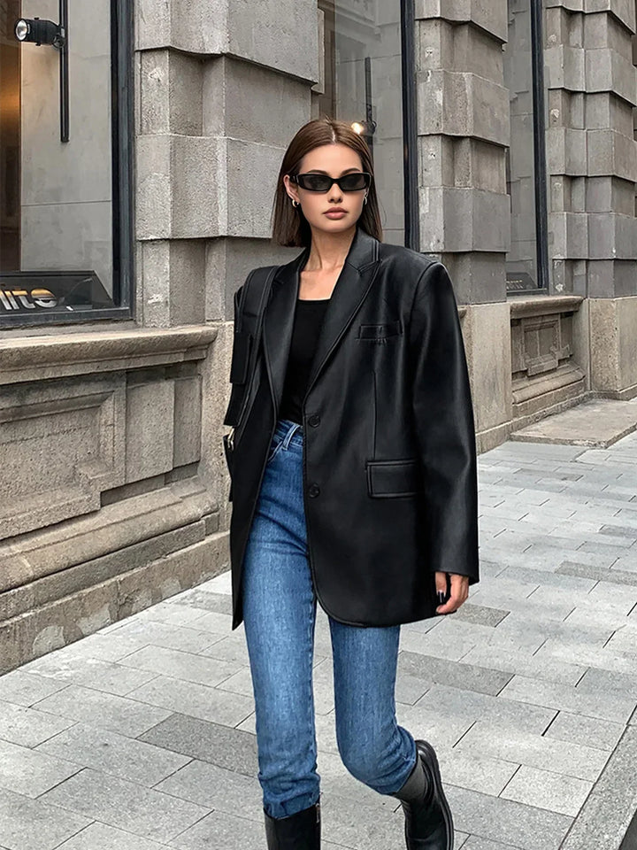 Blazer oversize pour femme en cuir synthétique avec col