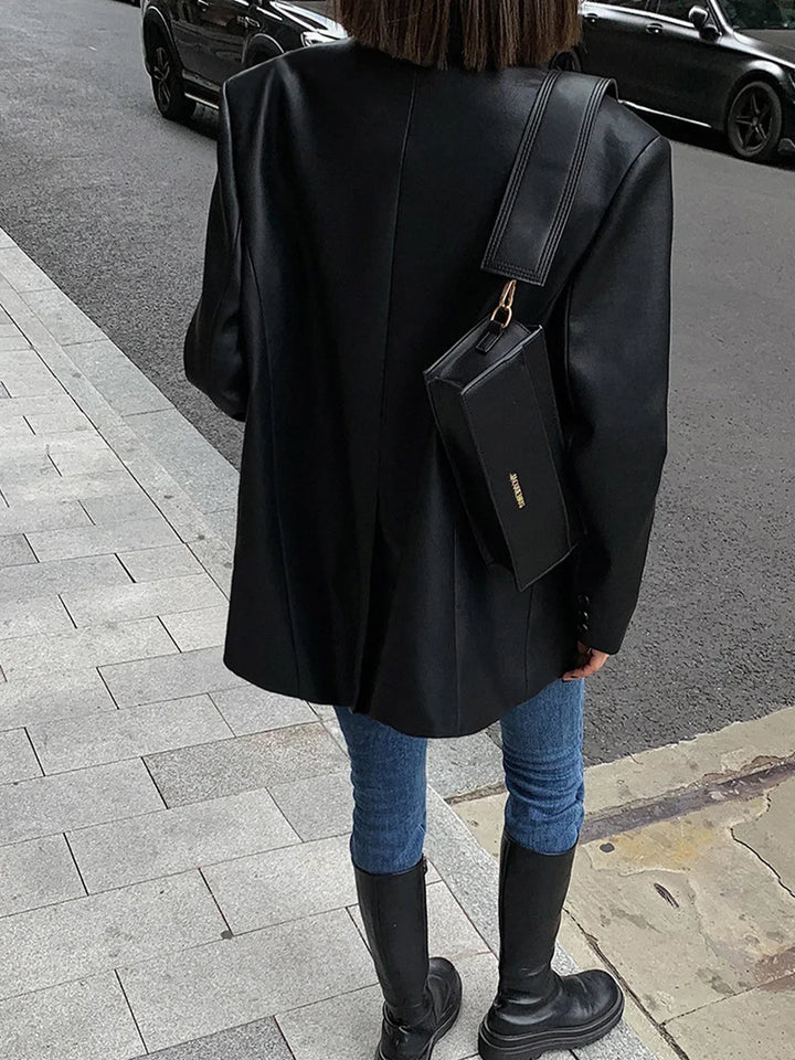 Blazer oversize pour femme en cuir synthétique avec col