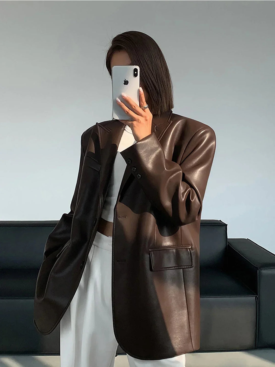 Blazer oversize pour femme en cuir synthétique avec col