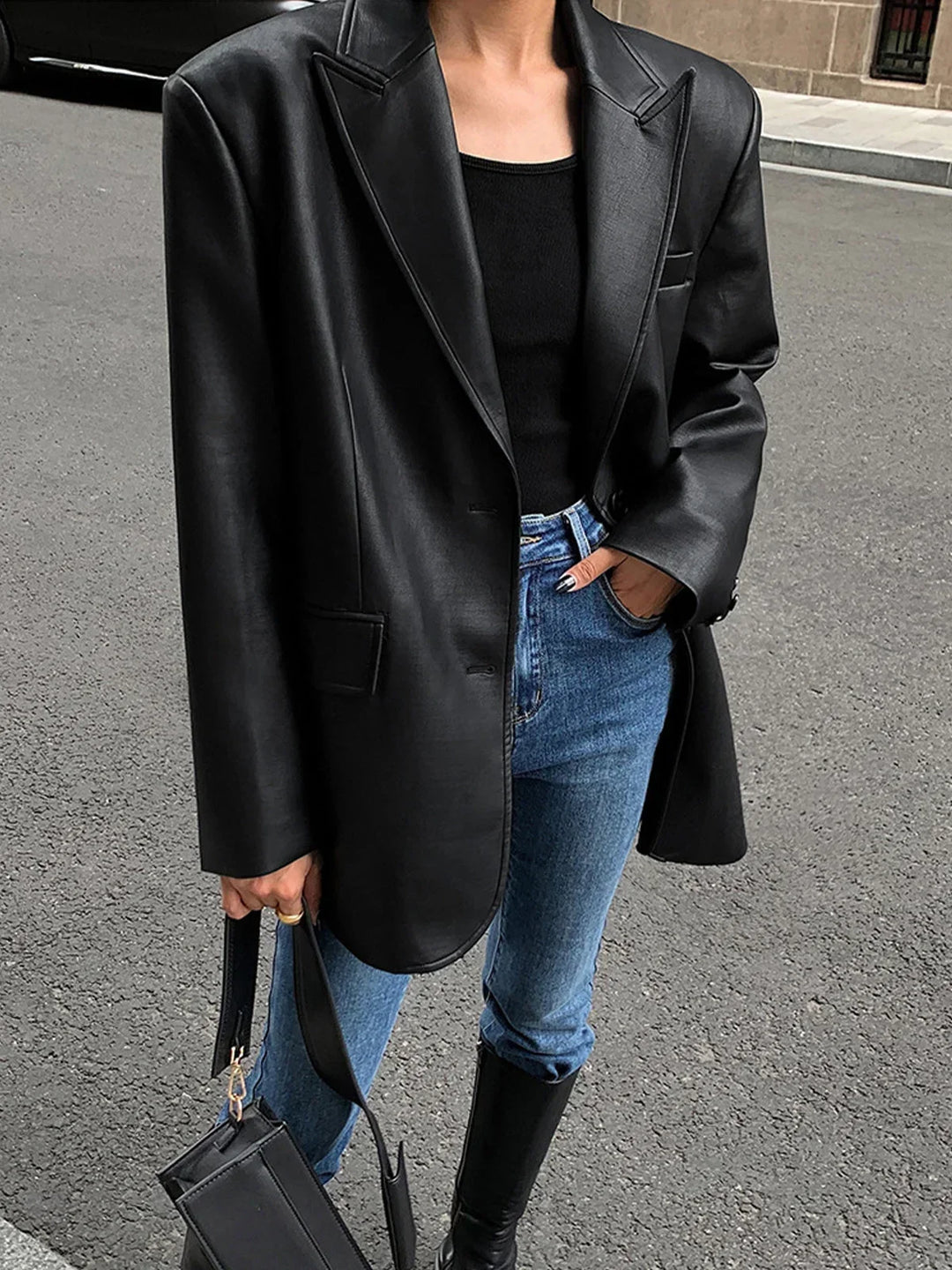 Blazer oversize pour femme en cuir synthétique avec col