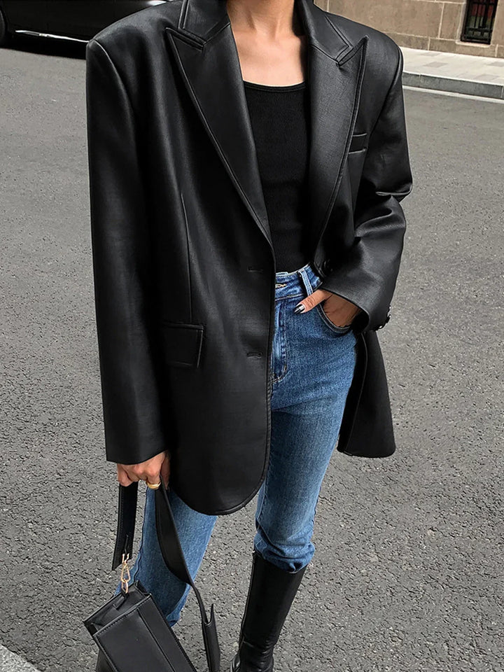 Blazer oversize pour femme en cuir synthétique avec col