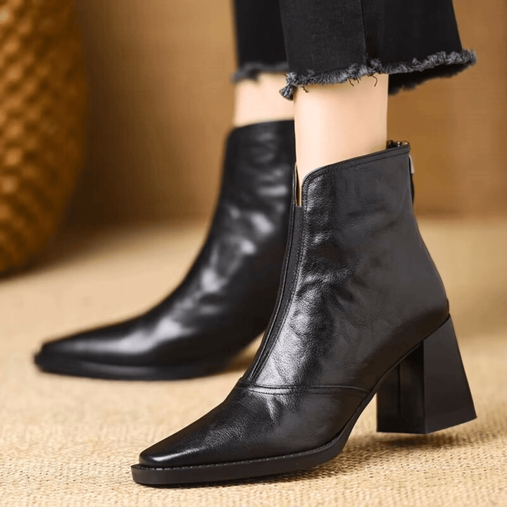 Bottines femme en cuir à talon carré, arrivant à la cheville, avec fermeture éclair, pour l’automne
