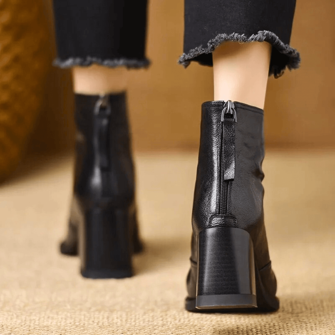 Bottines femme en cuir à talon carré, arrivant à la cheville, avec fermeture éclair, pour l’automne