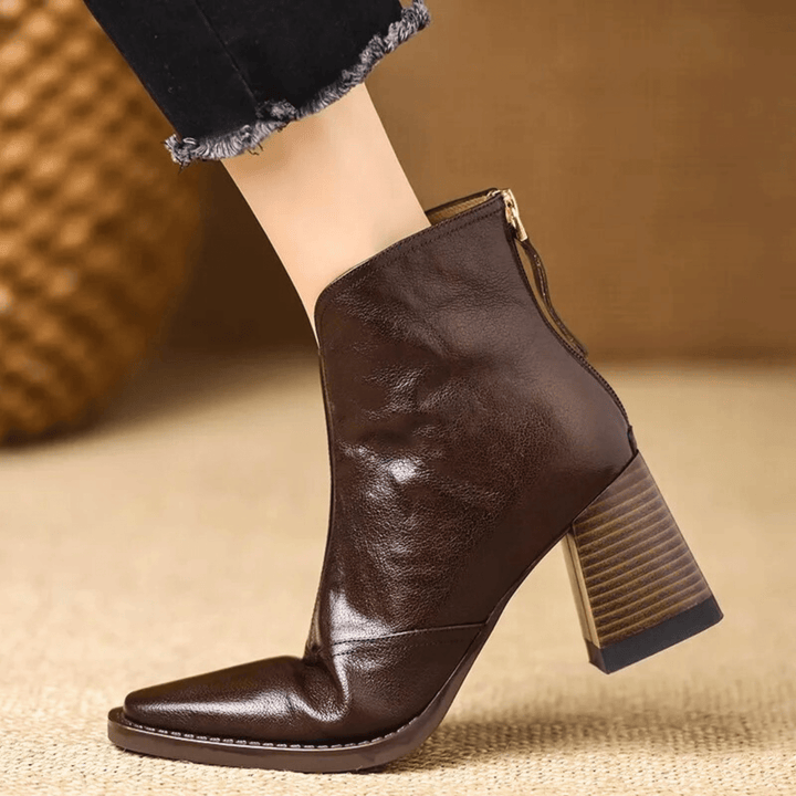 Bottines femme en cuir à talon carré, arrivant à la cheville, avec fermeture éclair, pour l’automne