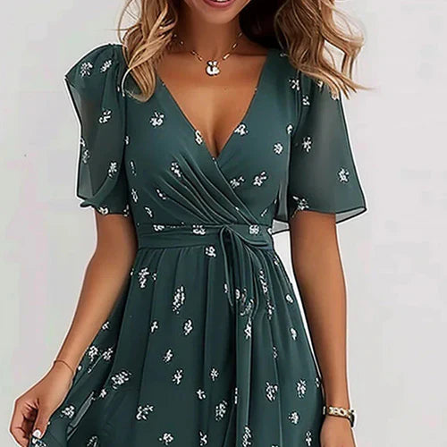 Katleen | Printed chiffon midi dress with V-neckline - Elegant feminine fashion